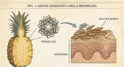 Illustrazione scientifica che mostra l'enzima bromelina estratto dall'ananas che dissolve le cellule morte della pelle