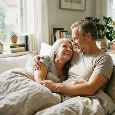 Coppia matura sorridente e abbracciata a letto, la moglie guarda il marito con ammirazione e felicità