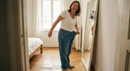 Donna sorridente e sicura di sé che indossa vecchi jeans ora larghi in vita, simbolo del successo nel dimagrimento