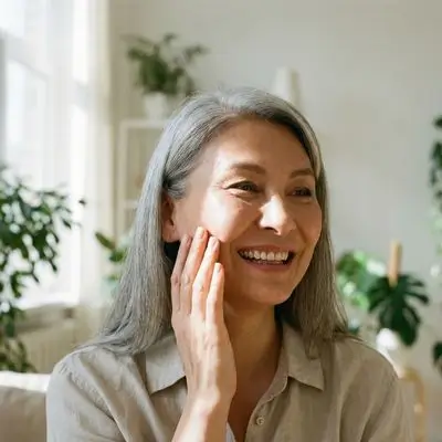 Donna matura sorridente con pelle visibilmente soda, luminosa e compatta che tocca il proprio viso con soddisfazione.