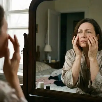 Donna di mezza età che si guarda allo specchio toccandosi il viso con espressione preoccupata e insoddisfatta dei segni del tempo.