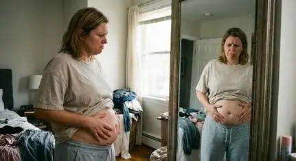 Donna di mezza età davanti allo specchio che si tocca l'addome gonfio con espressione frustrata e preoccupata