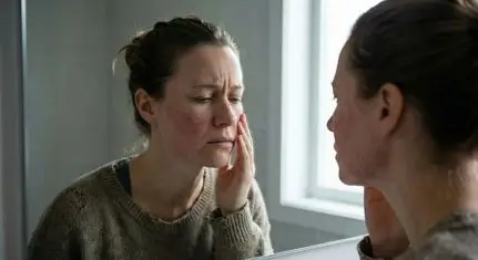 Donna triste che guarda il riflesso della sua pelle arrossata e desquamata allo specchio sentendosi a disagio