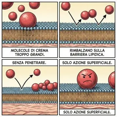 Illustrazione scientifica che mostra le molecole di crema troppo grandi che rimbalzano sulla barriera lipidica della pelle senza penetrare.