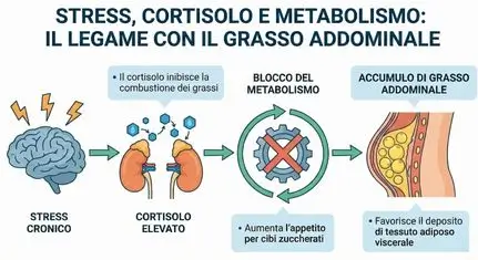 Infografica scientifica che mostra come lo stress e il cortisolo bloccano il metabolismo e aumentano l'accumulo di grasso addominale