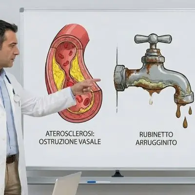 Medico specialista in camice bianco che mostra un disegno schematico di un vaso sanguigno ostruito paragonandolo a un rubinetto arrugginito
