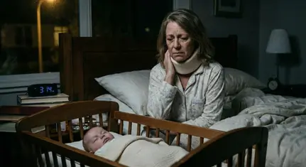 Nonna con espressione triste che guarda il nipotino nella culla senza poterlo prendere in braccio a causa del dolore cervicale
